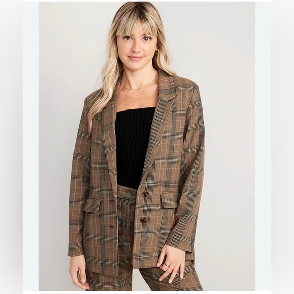 Old Navy Taylor Relaxed Plaid Pockets Two Button Suit Jacket Blazer Office Work - Picture 1 of 11